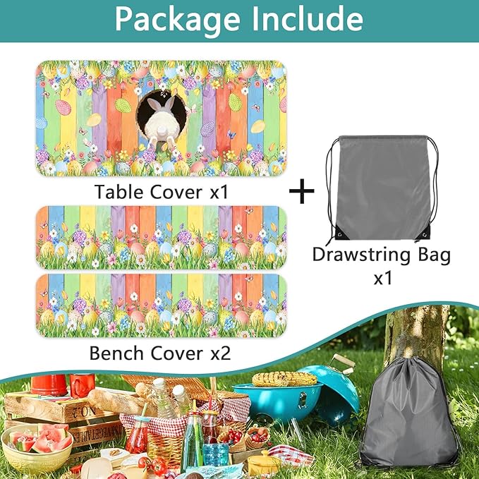 Easter Picnic Table Cover with Bench Covers, Cute Bunny Flower Colorful Wooden Board Camping Tablecloth, Waterproof Windproof, Fitted Tablecloth Cover with Elastic Edge, for Outdoor, 3 PCS, 30x72 Inch