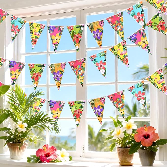 jijAcraft 4 Pack Hawaiian Bunting Banners - Pre-strung Tropical Flowers Triangle Pennant Banner with Flamingo, Floral Luau Party Decor for Hawaiian Tropical Pool Summer Tiki Beach Aloha Party Decor
