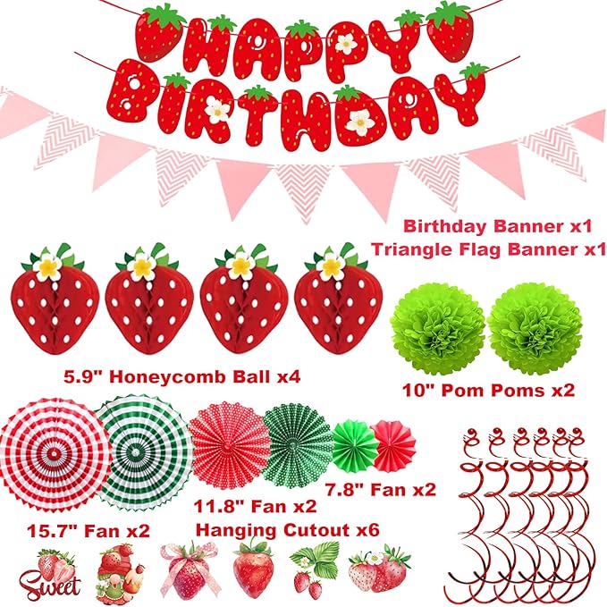 Strawberry Birthday Decorations,Cute Strawberry Party with Red Strawberry Honeycomb Balls,Green Paper Pom Poms,Paper Fan,Banner and Hanging Swirls Berry Hanging Decor Centerpieces