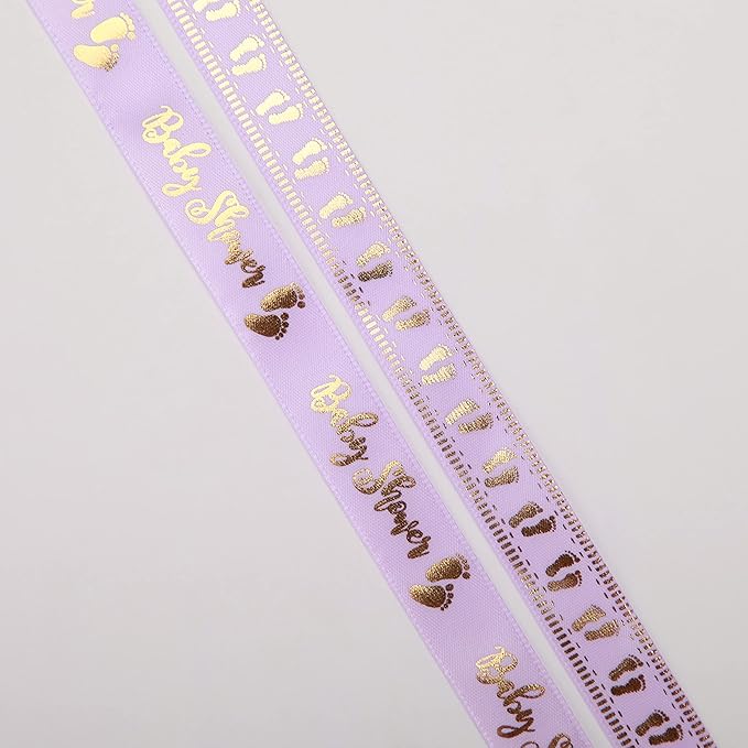 Meseey 20 Yards Baby Ribbon Foot Print Purple and Gold Ribbons for Crafts Cake Baby Shower Birthday,Gift Wrapping, Party Decoration (Purple)