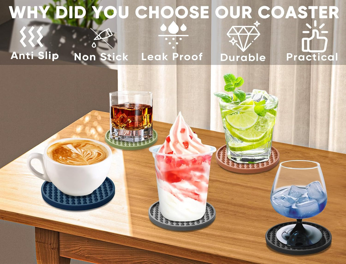Coasters for Drinks 6 Pcs Plastic Coaster with Holder,Heat Resistant Silicone Cup Mat Tabletop Protection