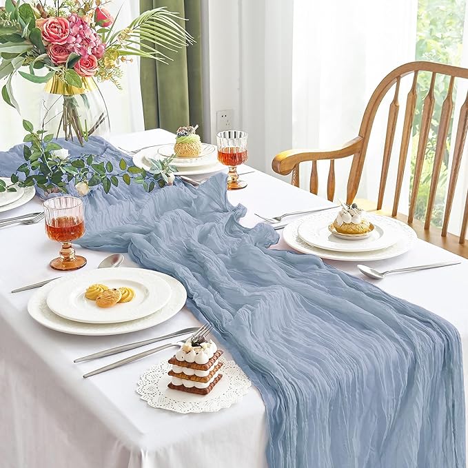 IVAPUPU 4 Pcs Cheesecloth Table Runner - 10ft Dusty Blue Spring Boho Gauze Cheese Cloth Table Runners for Baby Shower Decoration Wedding Party Garden Farmhouse