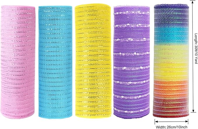 5 Rolls Easter Mesh Ribbon for Wreath, 10 Inch x 30FT Per Roll Metallic Foil Deco Mesh Rolls Light Pink Blue Yellow Purple Snowball Rainbow Decorative Mesh for Spring Easter Baby Shower Decor