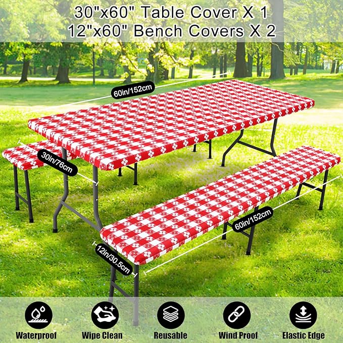 Smiry Picnic Table Cover with Bench Covers, Waterproof Elastic Fitted Tablecloth for 5 Foot Tables, Washable Polyester Tablecloths for Camping, Indoor & Outdoor (Red & White, 30x60 Inch 3-pc Set)