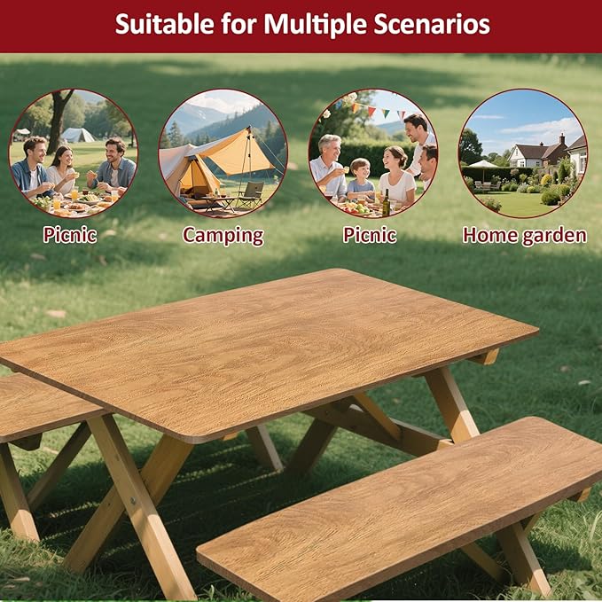 6ft Picnic Table and Bench Cover, Camping Essentials RV Gear, 72 in Waterproof Windproof Outdoor Elastic All Around Tablecloth, Fitted Rectangle Tables and Seats, Wood Grain