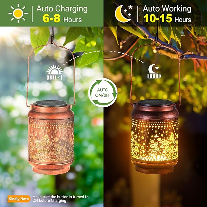KOOPER 2 Pack Solar Lanterns Outdoor Waterproof Mothers Day Gifts for Women Mom Grandma, Metal Butterfly and Rose Hanging Solar Lantern Outdoor, 2 Modes Outdoor Decoration for Yard, Patio, Garden