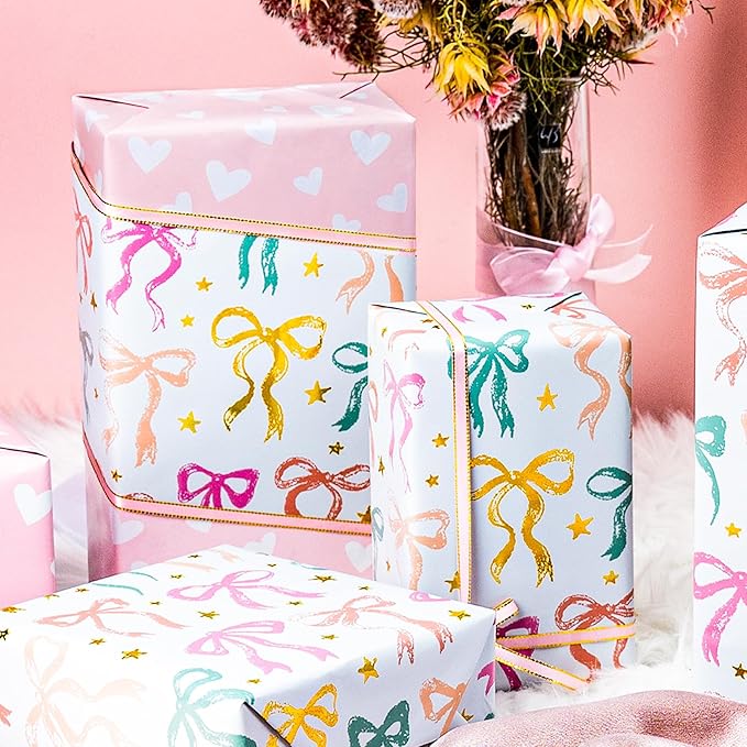 MAYPLUSS Girl Wrapping Paper Roll, Girly Bow Wrapping Paper, Reversible Elegant Bows Pink Gift Wrap for Birthday, Girl Baby Shower, Wedding, Christmas, Valentine's Day, Bachelorette(17 In X 33 Ft)