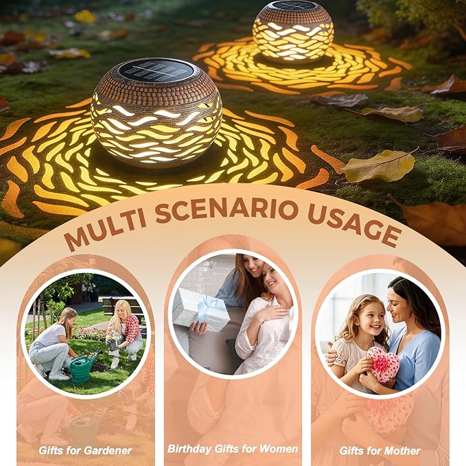 Solar Lanterns Outdoor Waterproof 2 Pack, Retro Metal Hollow Out Solar Lantern Lights with 3 Lighting Modes, Decorative Table Lanterns for Garden Yard Patio Porch , Gardening Gifts for Women Mom