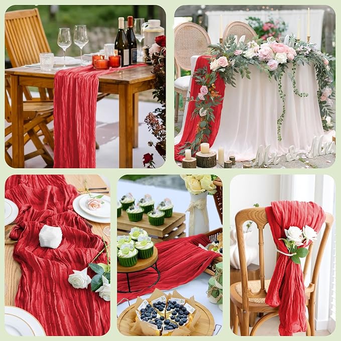 Asee'm 2PCS Easter Table Runner Cheesecloth 10FT Red Boho Gauze Fabric Rustic Sheer Cheese Cloth Runners for Valentine's Day Wedding Bridal Shower Party