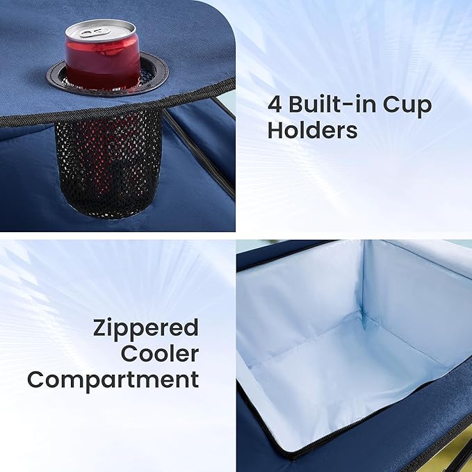 Portable Outdoor Folding Camping Table with 4 Cup Holders & Cooler Compartment, Waterproof Picnic Table for Picnic, BBQ, Beach, Hiking (Navy Blue)