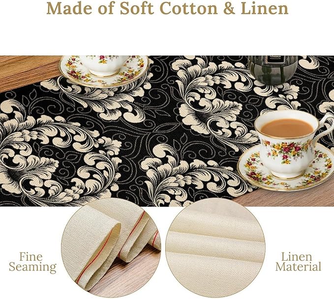 Gothic Table Runner, Retro Black Damask Baroque Style Floral Bohemian Exotic Coffee Vintage Table Center Decor for Kitchen and Dining Outdoor Home Country Party Table Decorations, 13"x90"