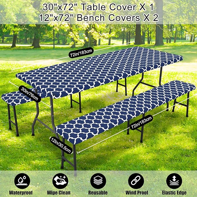 Smiry Picnic Table Cover with Bench Covers, Waterproof Elastic Fitted Tablecloth for 6 Foot Tables, Washable Polyester Tablecloths for Camping, Indoor & Outdoor (Navy, 30x72 Inch 3-pc Set)