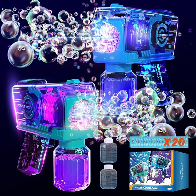 Eaglestone Bubble Gun for Kids 2 Packs, Automatic Bubble Machine, 10-Hole Bubbles Wands Blaster for Toddlers with LED Lights & Solution, Easter, Party Favor, Outdoor Toys for Boys & Girls