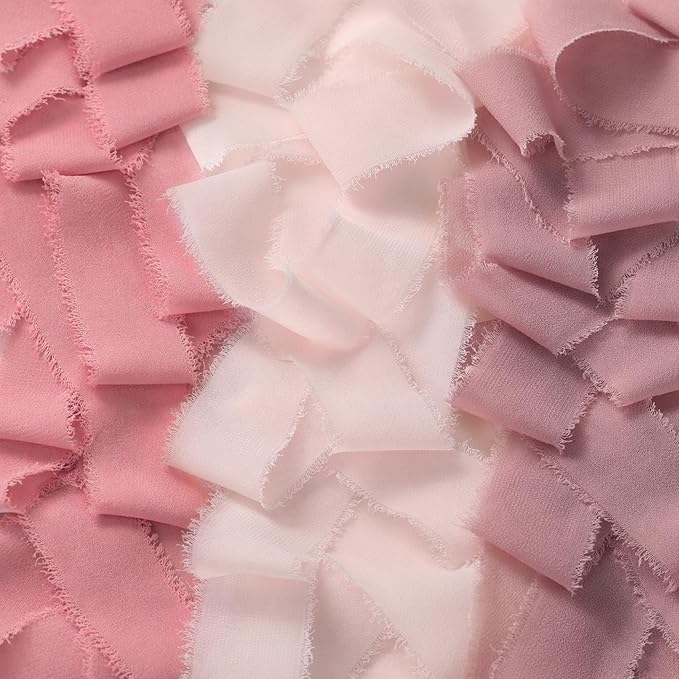 DORIS HOME 2" x21Yd Chiffon Ribbon for Flower Bouquet, Pink & Dusty Rose Fabric Ribbon for Gift Wrapping, Handmade Frayed Ribbon for Wedding/Christmas Decorations