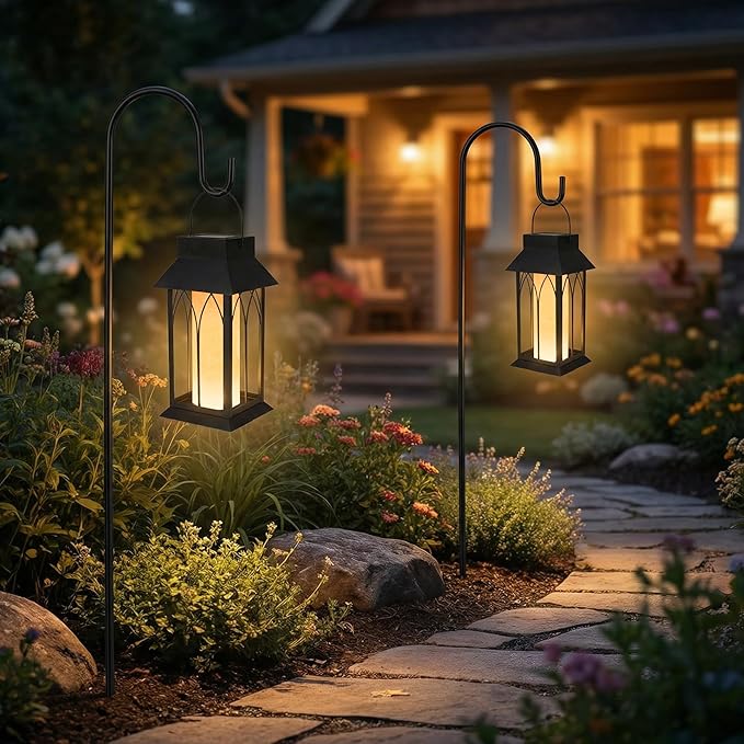Solar Lantern Outdoor Waterproof ,Black Heavy Duty Metal Solar Powered Hanging or Table Lamp for Patio, Garden, Yard, Porch - Decorative Warm White Lights