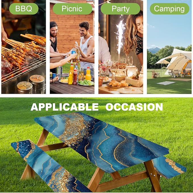 ANNA QUEEN 6FT Blue Marble Picnic Table Cover with Bench Covers Picnic Table Cover Set 3PCS 72"x30", Waterproof Outdoor Bench and Tablecloth Furniture Protection for Camping