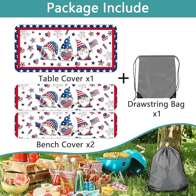 4th of July Picnic Table Cover with Bench Covers, Camping Essentials, Patriotic American Flag Gnomes Stars Table Cover Waterproof Fitted Tablecloth Cover with Elastic Edge for Outdoor 3 PCS 30x72 Inch