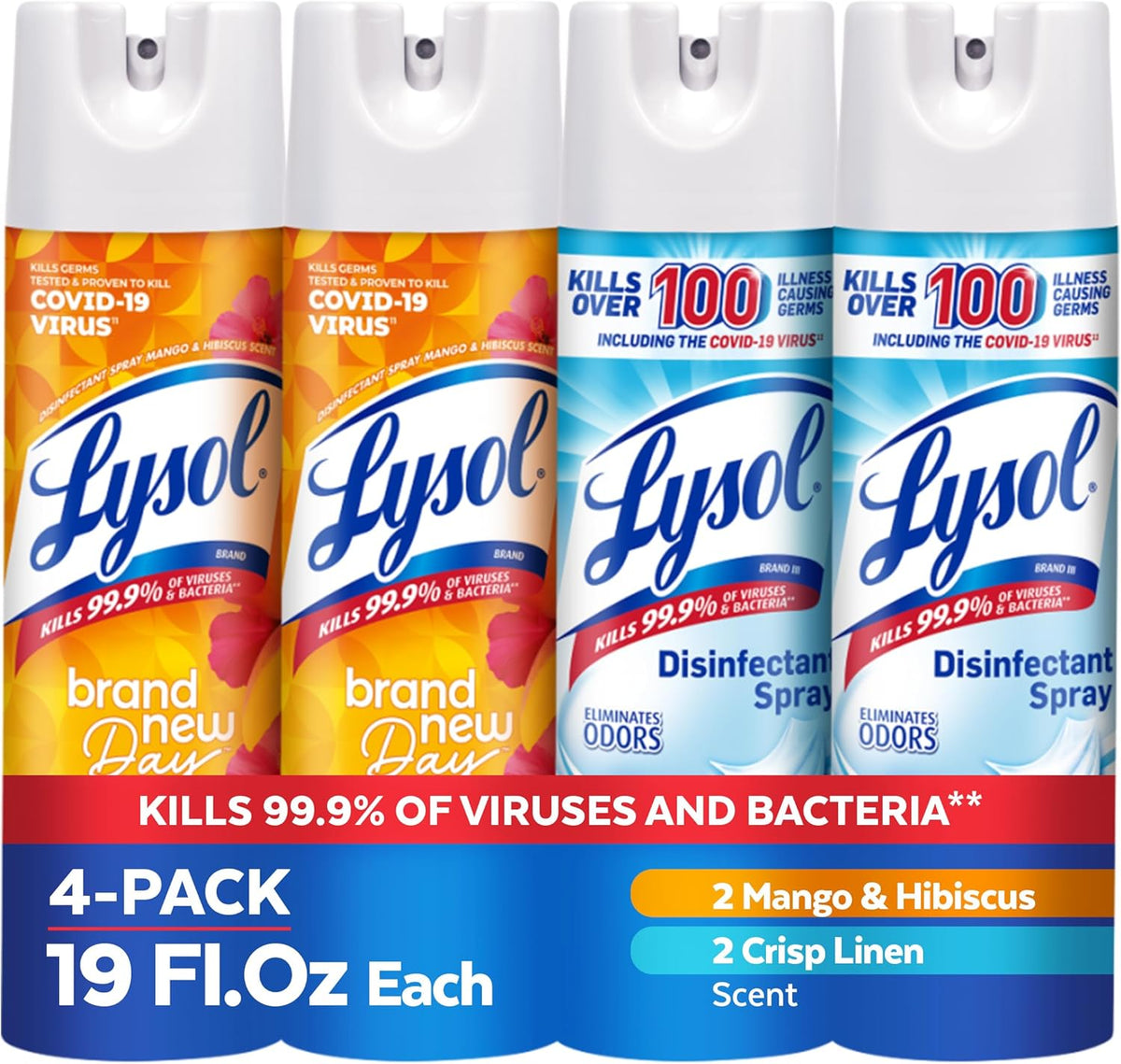 Lysol Disinfectant Spray, Sanitizing and Antibacterial Spray, For Disinfecting and Deodorizing, Mango & Hibiscus and Crisp Linen, 19 Fl. Oz (Pack of 4)