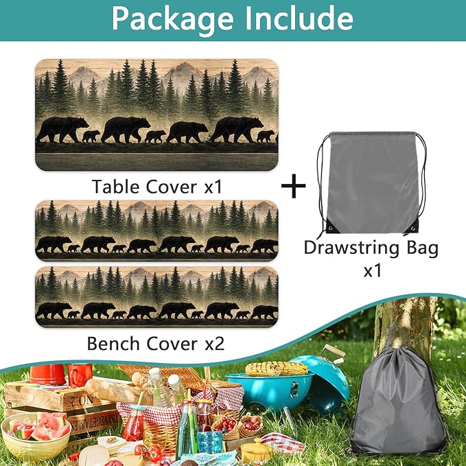 Picnic Table Cover with Bench Covers and Bag, Forest Mountain Bear Wooden Waterproof Windproof, Fitted Tablecloth Cover with Elastic Edge, for Indoor & Outdoor, Garden, Camping, 3 PCS 30x96 Inch