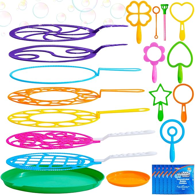 JOYIN Big Bubble Wands Set Bulk for Kids Summer Outdoor Toy Game Activity Party Favors, 18 Pcs Giant Bubble Maker with Tray, 12" Large, 6 Pcs Solution Suitable for All Age People