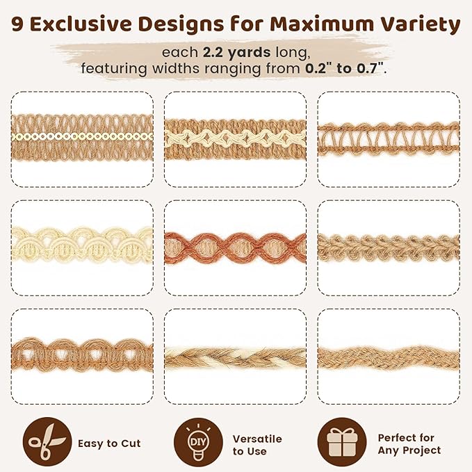 VGOODALL 9 Rolls Jute Ribbons Lace Craft Ribbon 18 Meters for Crafts Wraping Gifts Party Holiday and Rustic Wedding Decorations