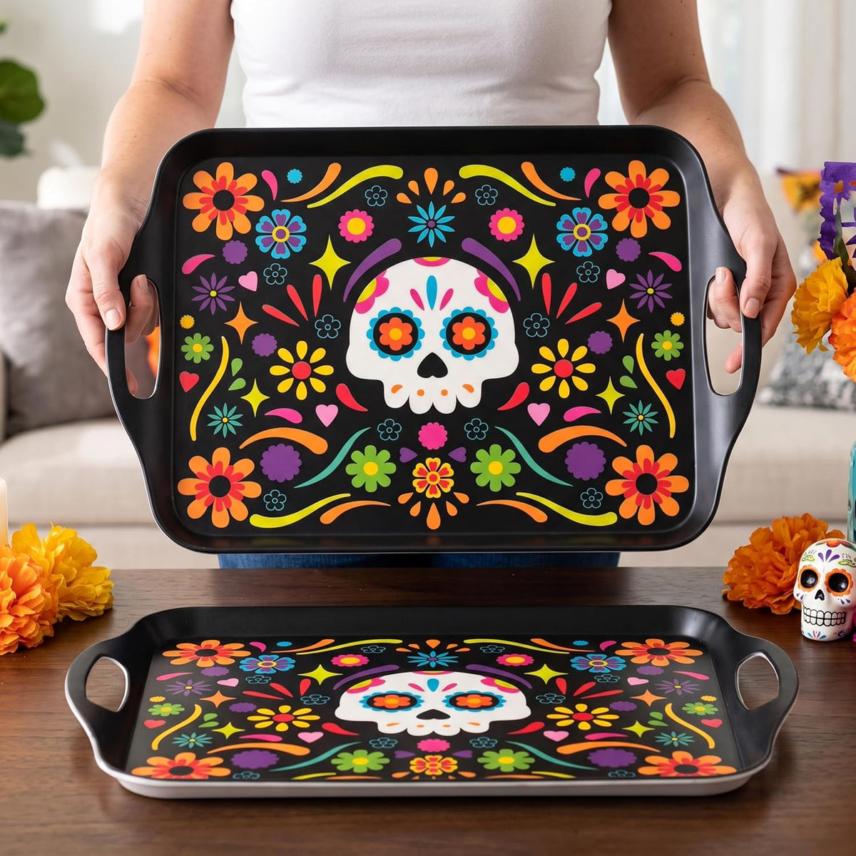 Oasis Choice 2-Pack Dia de Los Muertos Serving Trays, 17.3"×12.2" Calavera Sugar Skull Platters, Durable Bamboo Fiber, Dishwasher Safe for Fiesta & Day of the Dead (Calavera Vibrant, 17inch)