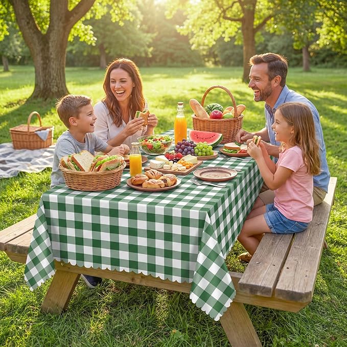 NatNarr 3 Pack Green Gingham Tablecloths, 54 X 108Inch Disposable Scalloped Green and White Checkered Table Cloth, Waterproof Table Cover for Party Picnic Birthday Barbecue Camping Wedding