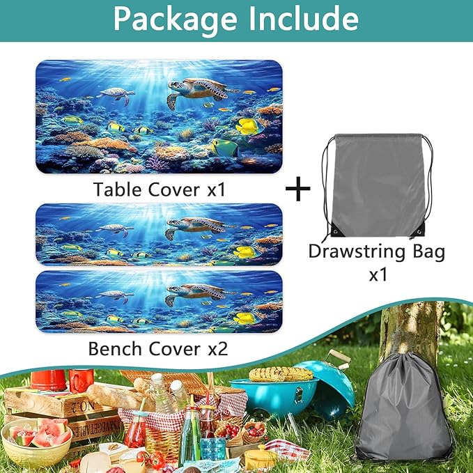 Picnic Table Cover with Bench Covers, Camping Essentials, Ocean Underwater World Table Cover, Fitted Camping Tablecloth Windproof Waterproof with Elastic Edge for Indoor Outdoor Patio 3PCS 30x96 Inch