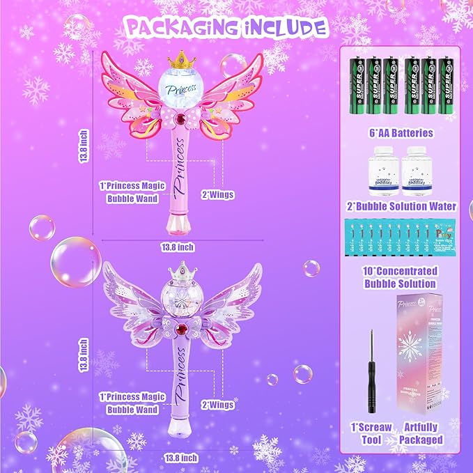 2 Pack Bubble Wands for Kids,Outdoor Party Birthday Bubble Toy for Toddlers,Light Up & Music Bubble Machine,Bubble Maker & Bubble Blower,Gift for Girls Age 3 4 5 6 Years Old.(Pink+Purple)