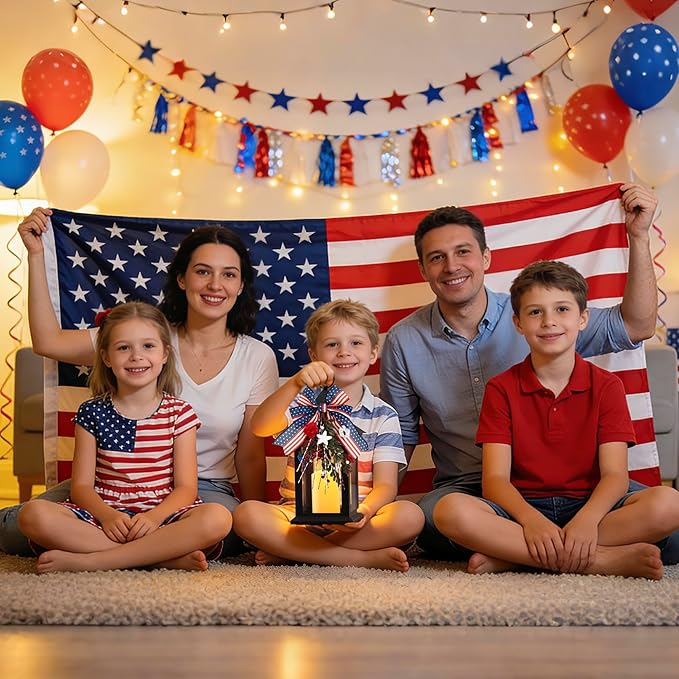Patriotic Lanterns Decorative Indoor, 14" Black Lantern with Timer Flameless Candle, Battery Operated Waterproof Outdoor Hanging 4th of July Lanterns for Porch, Patio, Patriotic Decorations