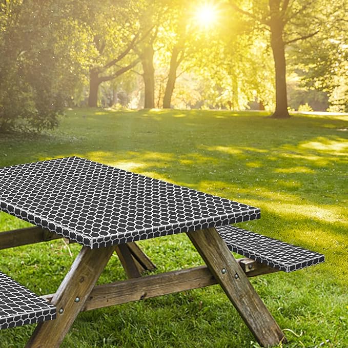 7ft Picnic Table and Bench Cover, Camping Essentials RV Gear, 84 in Waterproof Windproof Outdoor Elastic All Around Tablecloth, Fitted Rectangle Tables and Seats, Black-White Moroccan
