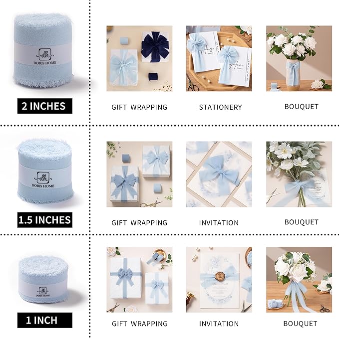 DORIS HOME Baby Blue Chiffon Ribbon for Flower Bouquet, 2" x21Yd Fabric Ribbon for Gift Wrapping, Handmade Frayed Ribbon for Wedding/Christmas Decorations