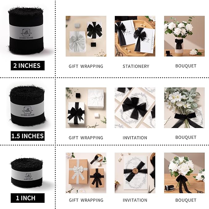 DORIS HOME Black Chiffon Ribbon for Flower Bouquet, 2" x21Yd Fabric Ribbon for Gift Wrapping, Handmade Frayed Ribbon for Wedding/Christmas Decorations