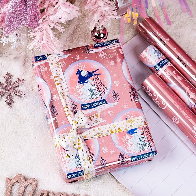 Burymento Pink Christmas Wrapping Paper - 3 Rolls - 17 In X 120 In Per Roll - Cute Shiny Christmas Trees, Snowflakes, Reindeer Design Gift Wrap for Holiday, XMAS Gift Packaging