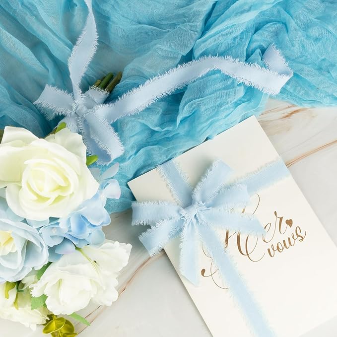 Baby Blue Cotton Ribbon 5/8 Inch Baby Blue 3 Rolls 21 Yards Frayed Edge Fabric Set for Baby Shower, Wedding Invitations, Nursery Decor, Christening & First Birthday Party