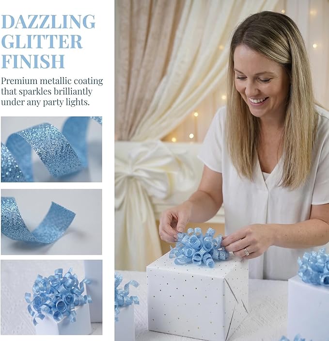 self-Adhesive Curly Ribbon for Gift Wrapping - Elegant Bows for Gift Wrapping, Presents, Paper Bag, Baby Shower Favors, Wrapping Accessories, Wedding Decor (Blue)