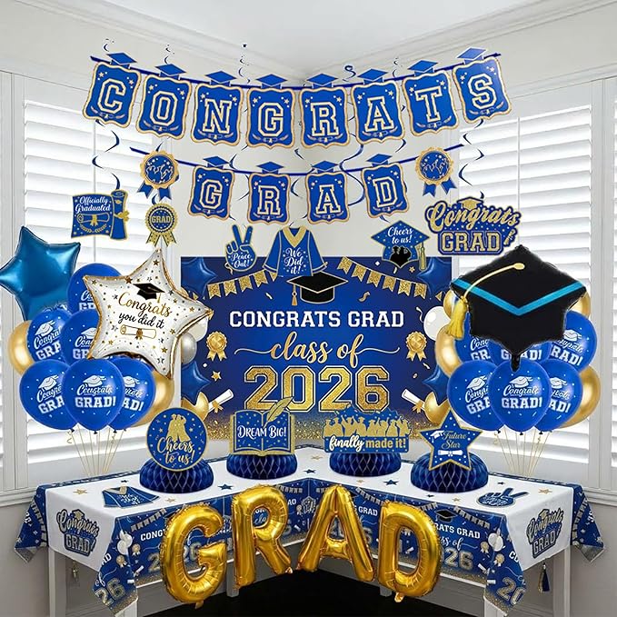 2026 Graduation Decorations Royal Blue and Gold - Congrats Grad Banner Backdrop, Hanging Swirls, Honeycomb Centerpieces & Balloons - Class of 2026 Party Supplies Set