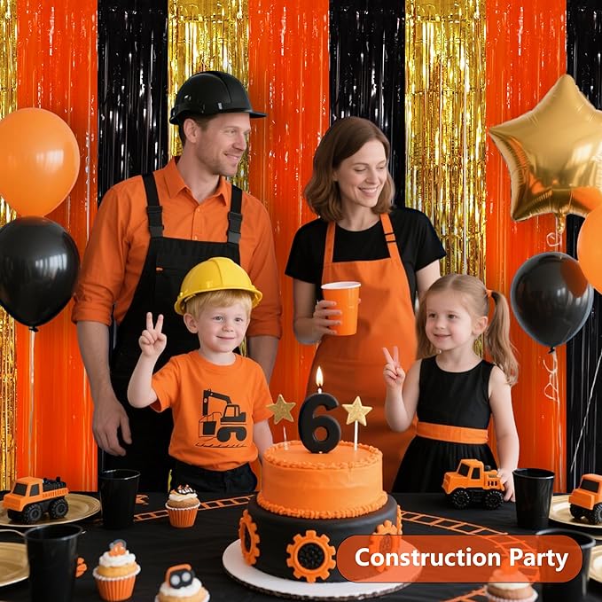 BEISHIDA 3Pcs Gold Orange Black Door Streamer Backdrop Foil Fringe Tinsel Curtains Backdrops for Construction Party Decorations Halloween Party Supplies(3.28 ft x 6.56 ft)