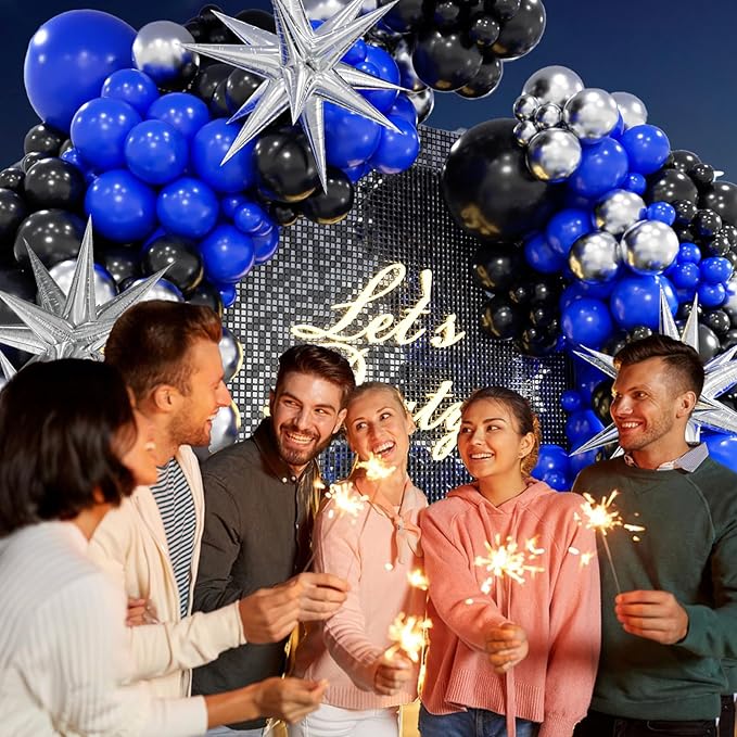 FOTIOMRG Royal Blue and Black Balloon Garland Arch Kit with 3pcs Star Balloon, Navy Blue Balloons Metallic Sliver Black Balloons for 30th 40th 50th Birthday Graduation New Years Party Decorations
