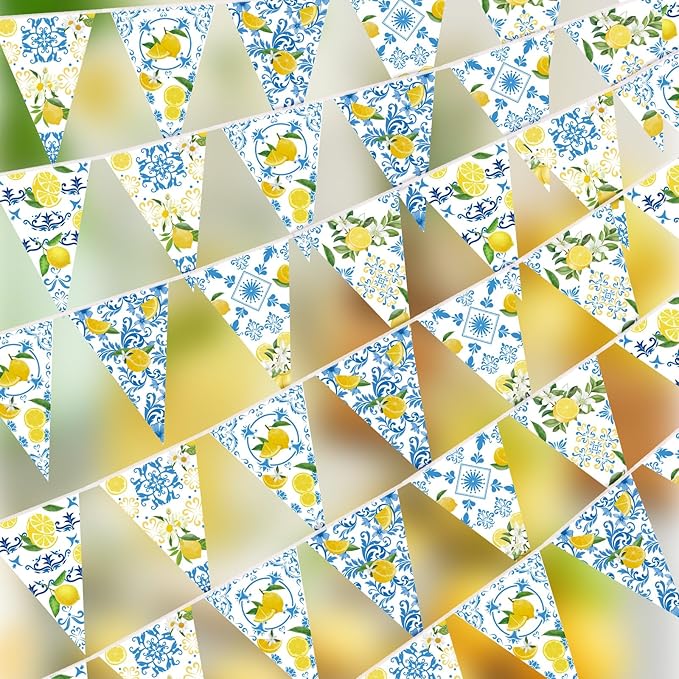 6 Pack Blue Tiles Lemon Party Banner Capri Lemon Pennant Banner Pre-Strung Summer Lemonade Triangle Flag Bunting Garland for Wedding Birthday Bridal Shower Bachelorette Party Decorations