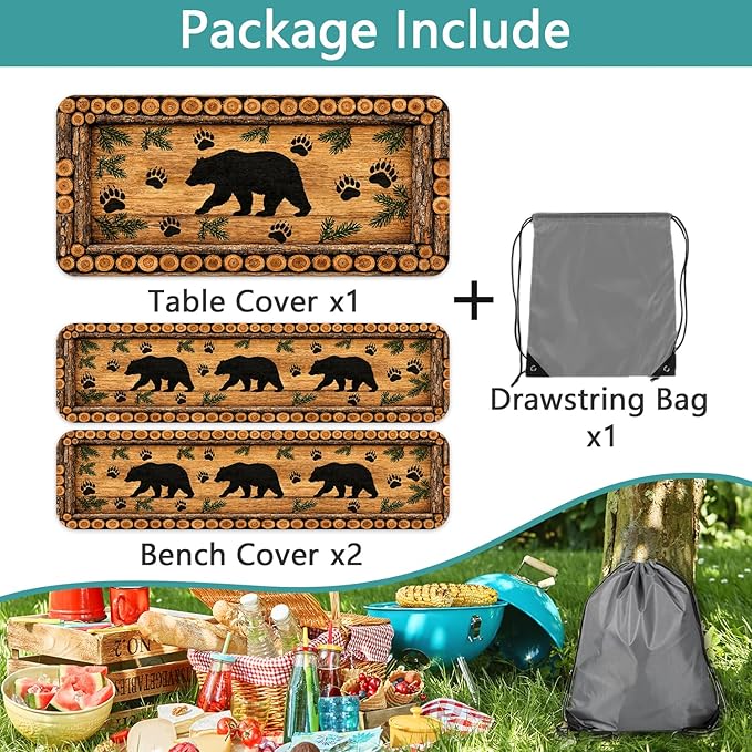 Forest Theme Picnic Table Cover with Bench Covers 6FT, Camping Essentials, Wood Grain Bear Waterproof Windproof Oilproof, Fitted Tablecloth Cover with Elastic Edge for Outdoor Garden 3 PCS 30x72 Inch