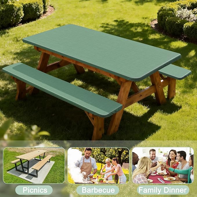 Picnic Table Cover with Bench Covers Windproof Waterproof Picnic Table Covers Camping Tablecloth with Self-Storage Bag, 72in, Sage