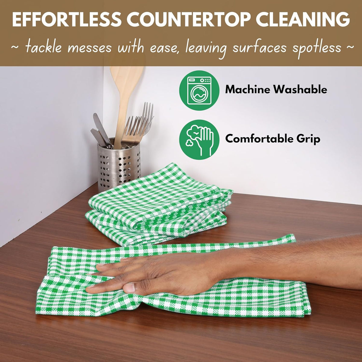 Native Fab 6 Pack Kitchen Towel with Hanging Loop 16x26 inches, Cotton Gingham Check Kitchen Towels for Drying Dishes, Soft & Absorbent Washcloths
