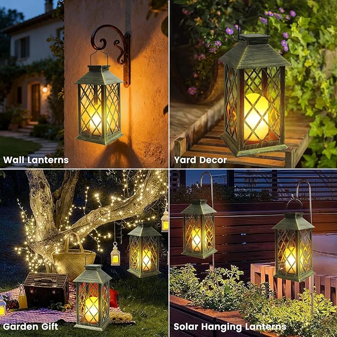 Solar Lantern Outdoor, 2 Pack 14" Waterproof Outdoor Garden Hanging Lanterns ,Flickering Dancing Flame Candle Mission Lights for Outdoor Mothers Day Gifts and Christmas