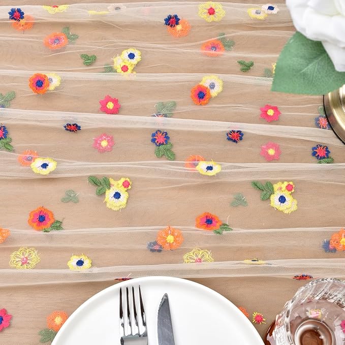 Joanlody 6pcs Champagne Embroidery Daisy Spring Summer Table Runner Florals Seasonal Easter Tulle Table Runner Holiday Kitchen Dining Table Decoration for Home Party Indoor