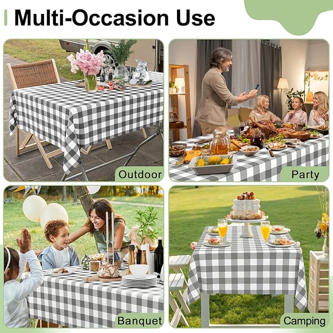 Smiry 3 Pack Grey Gingham Disposable Tablecloths - 54" x 108" Heavy Duty Plastic Table Cloth, Waterproof Buffalo Plaid Table Covers for Picnic, Banquets, Outdoor Parties