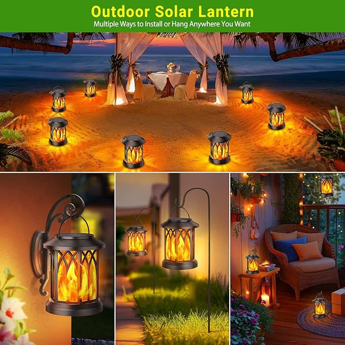 KOOPER 4 Pack Solar Lantern Outdoor Lights, Upgraded Flickering Flame Solar Lanterns Lights Outdoor Waterproof, Hanging Lantern Decorative, Solar Powered Lanterns for Yard Patio Path Tree Garden Decor