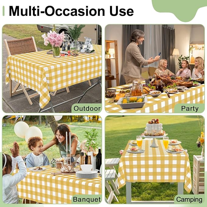 Smiry 6 Pack Gold Gingham Disposable Tablecloths - 54" x 108" Heavy Duty Plastic Table Cloth, Waterproof Buffalo Plaid Table Covers for Picnic, Banquets, Parties