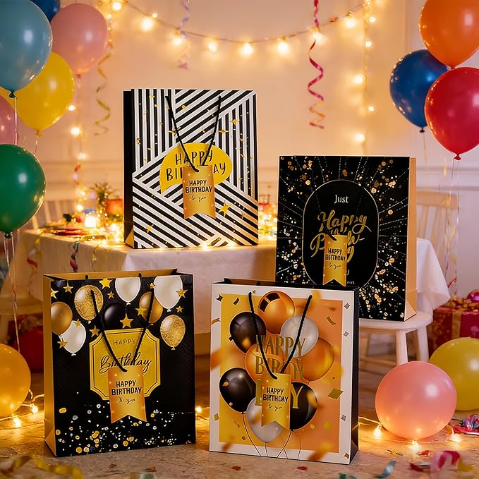 Treelement Happy Birthday 4 Pcs Assorted Designs Gift Bags Set, 7×3.4×9.5 Inch Gift Wrap Bags with Tissue Paper and Tags for Birthday Party Presents of Kids, Friends, Family