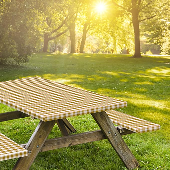 8ft Picnic Table and Bench Cover, Camping Essentials RV Gear, 96 in Waterproof Windproof Outdoor Elastic All Around Tablecloth, Fitted Rectangle Tables and Seats, Coffee-White Checkered